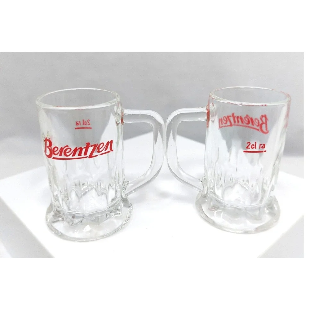 (2) Vintage Berentzen Liqueurs‎ German Shot Glasses w/Handle Red Graphic
